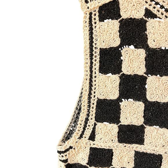 Crochet Checkered Granny Square Sweater Vest Size M Black Boho Festival - Picture 11 of 13